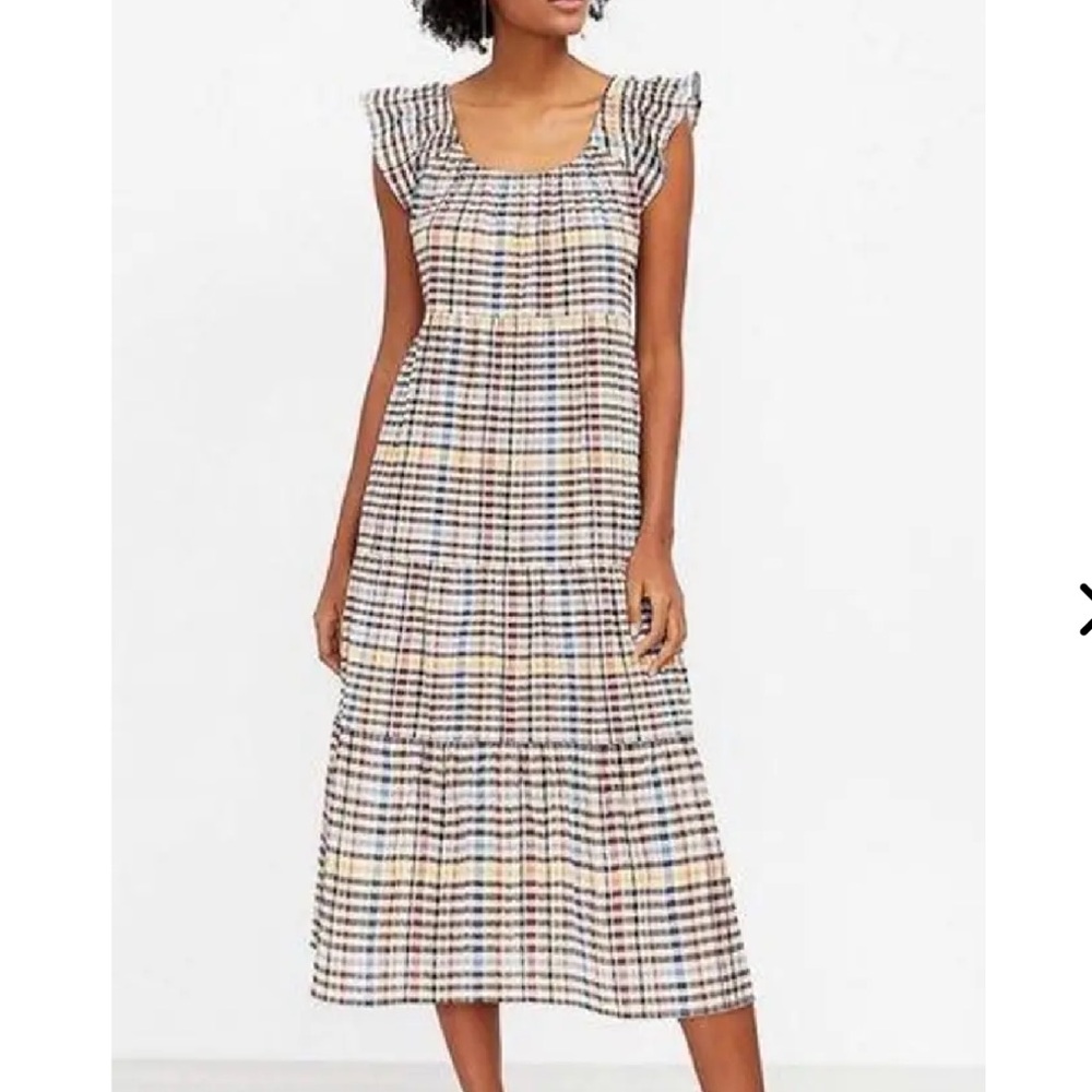 LOFT | Plaid Tiered Midi Dress Flutter Sleeve. Small